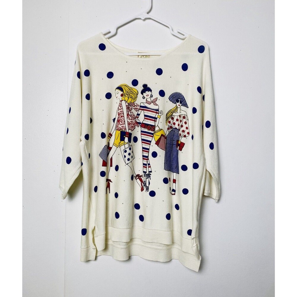 Colortree Blouse Women's Size L Ivory Sleeves 3/4 Polka Dot Fashion Girl Print